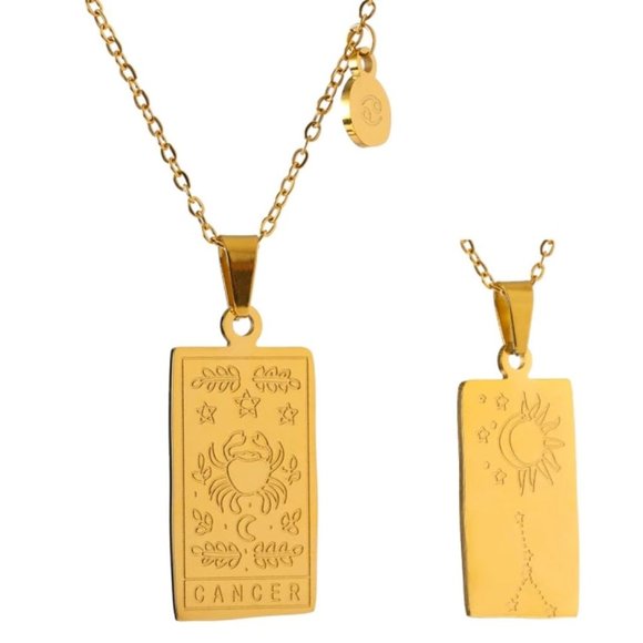 Jewelry - NEW 18K Gold Plated Cancer Sign Zodiac Tarot Card Square Pendant Necklace